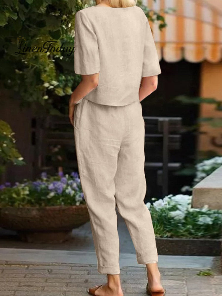 Cotton and Linen Summer Half-Sleeve Oversized Homewear Suit