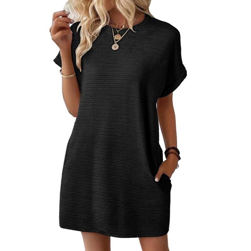 Women’s Casual Mini Dress – Lightweight Stretchy Short Sleeve Crewneck Dress for Summer & Beach Outfits