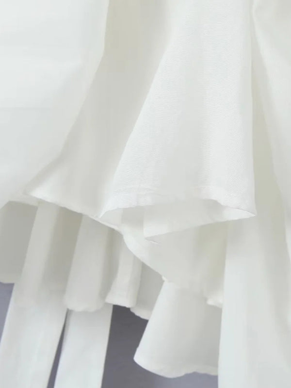 Style Puff Sleeve Tie Waist Short Pleated Skirt