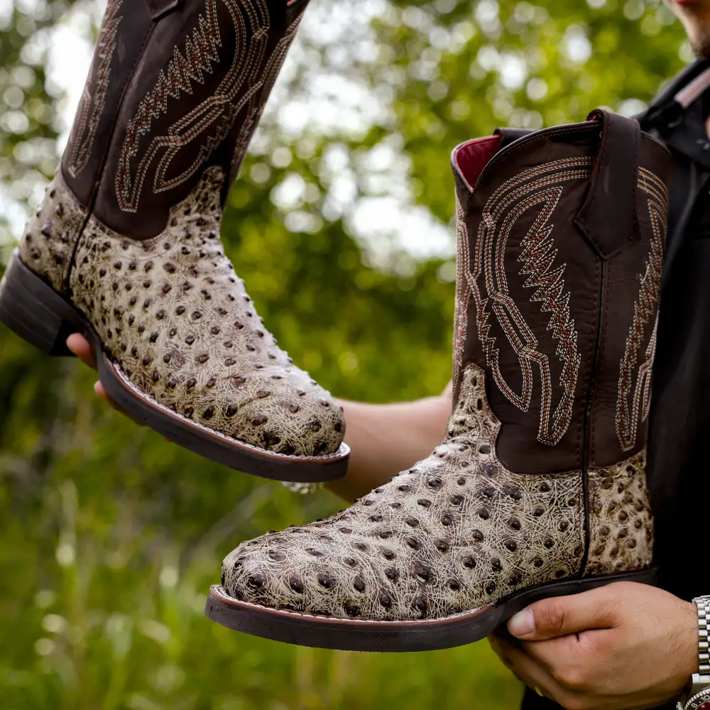 Desert Ostrich Leather Boots With Lightweight Soles - Square Toe