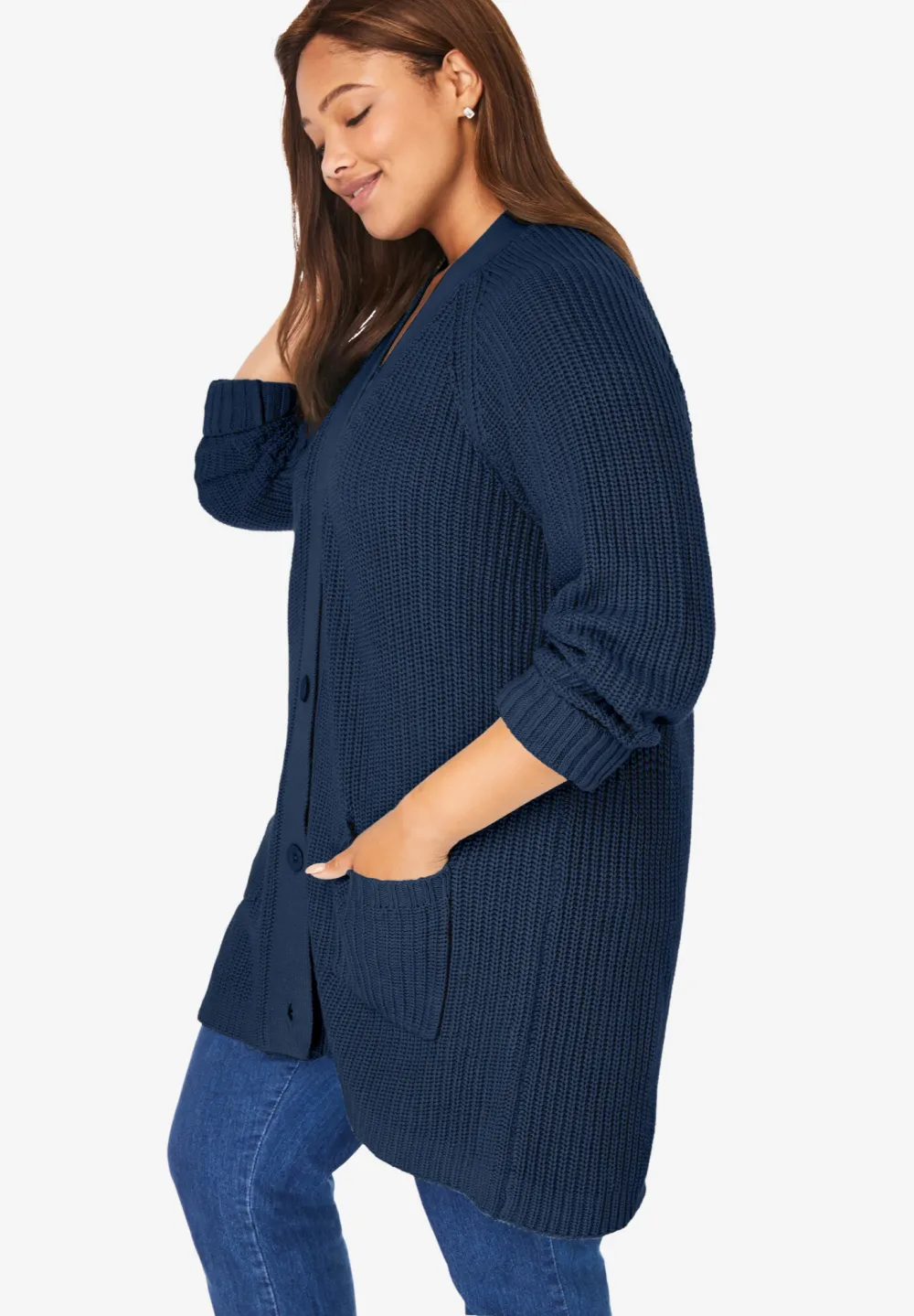 Button-Front Shaker Cardigan