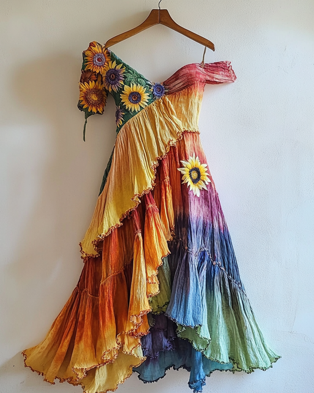 Rainbow Ruffle Daisy Embroidered Irregular Dress 807f