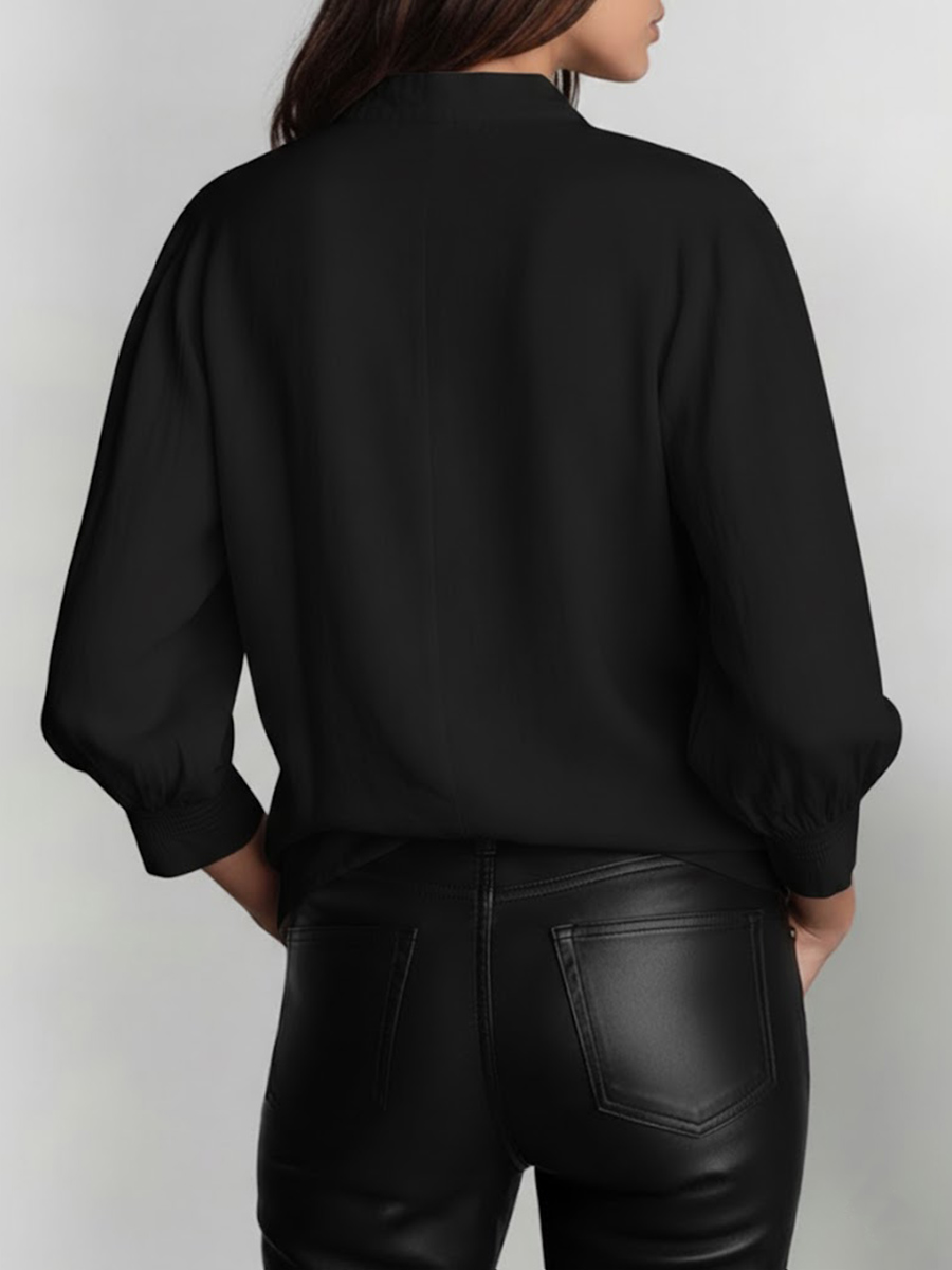 Women's Solid Color Lapel Long-sleeved Casual Loose Cotton And Linen Top