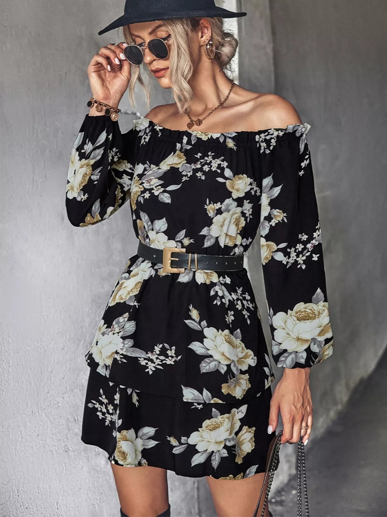 Off-Shoulder Floral Print Long Sleeve Mini Dress