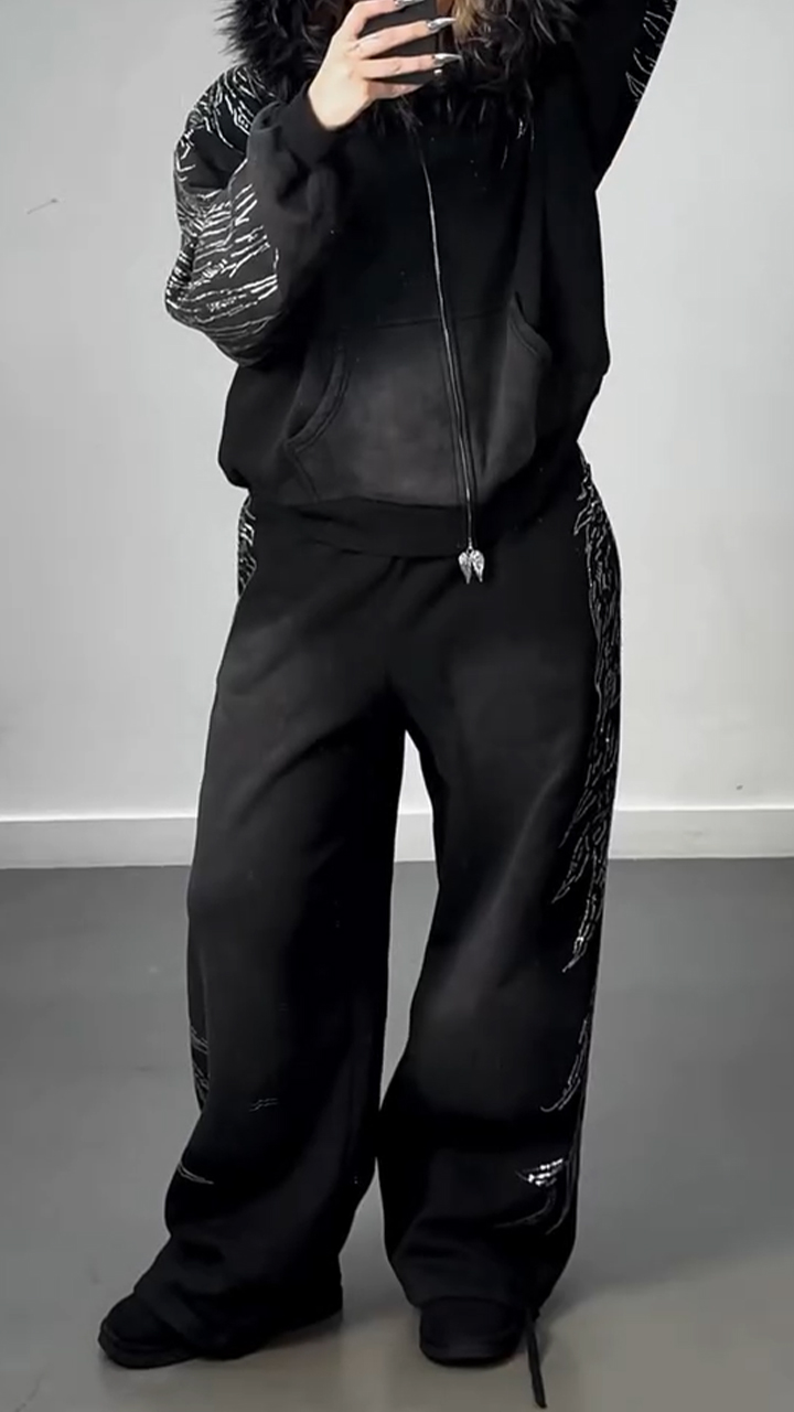 Women Hooded Hot Stamping Rhinestone Jacket+ Pants Casual Set