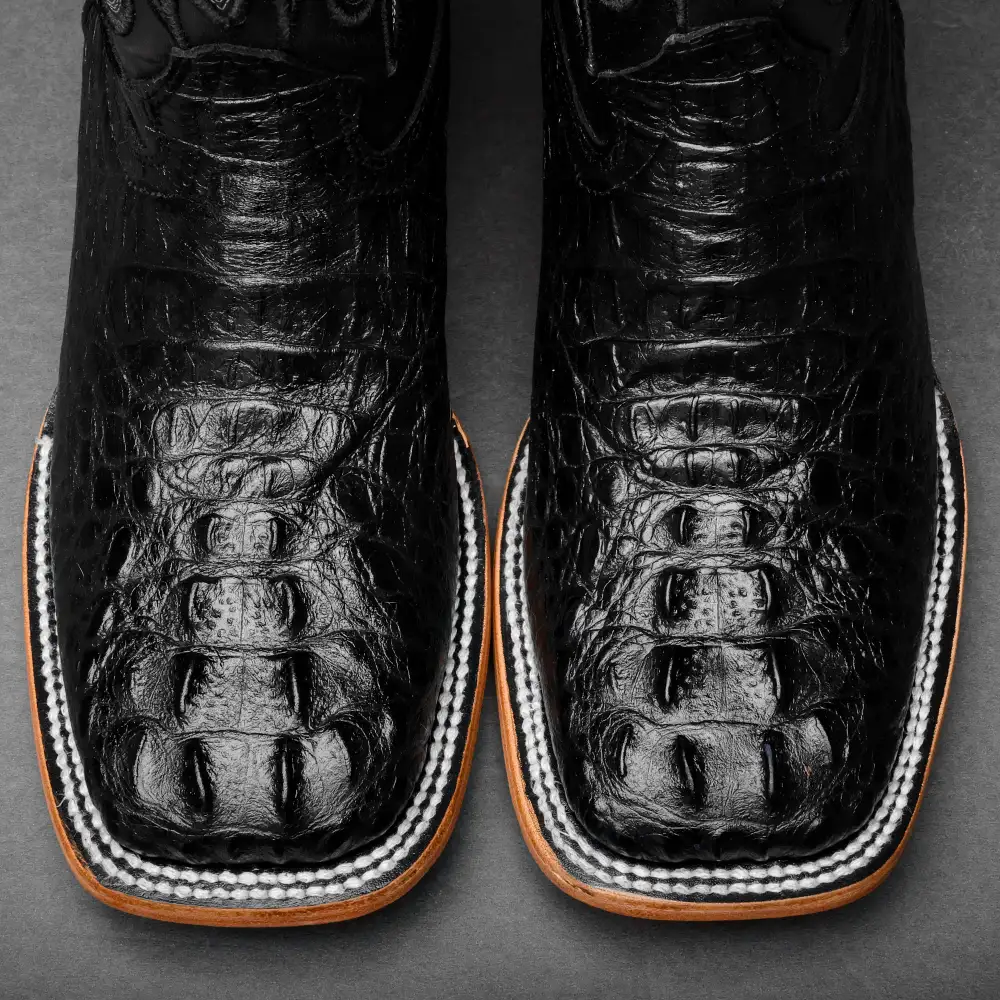 Black Caiman Neck Leather Boots - Square Toe