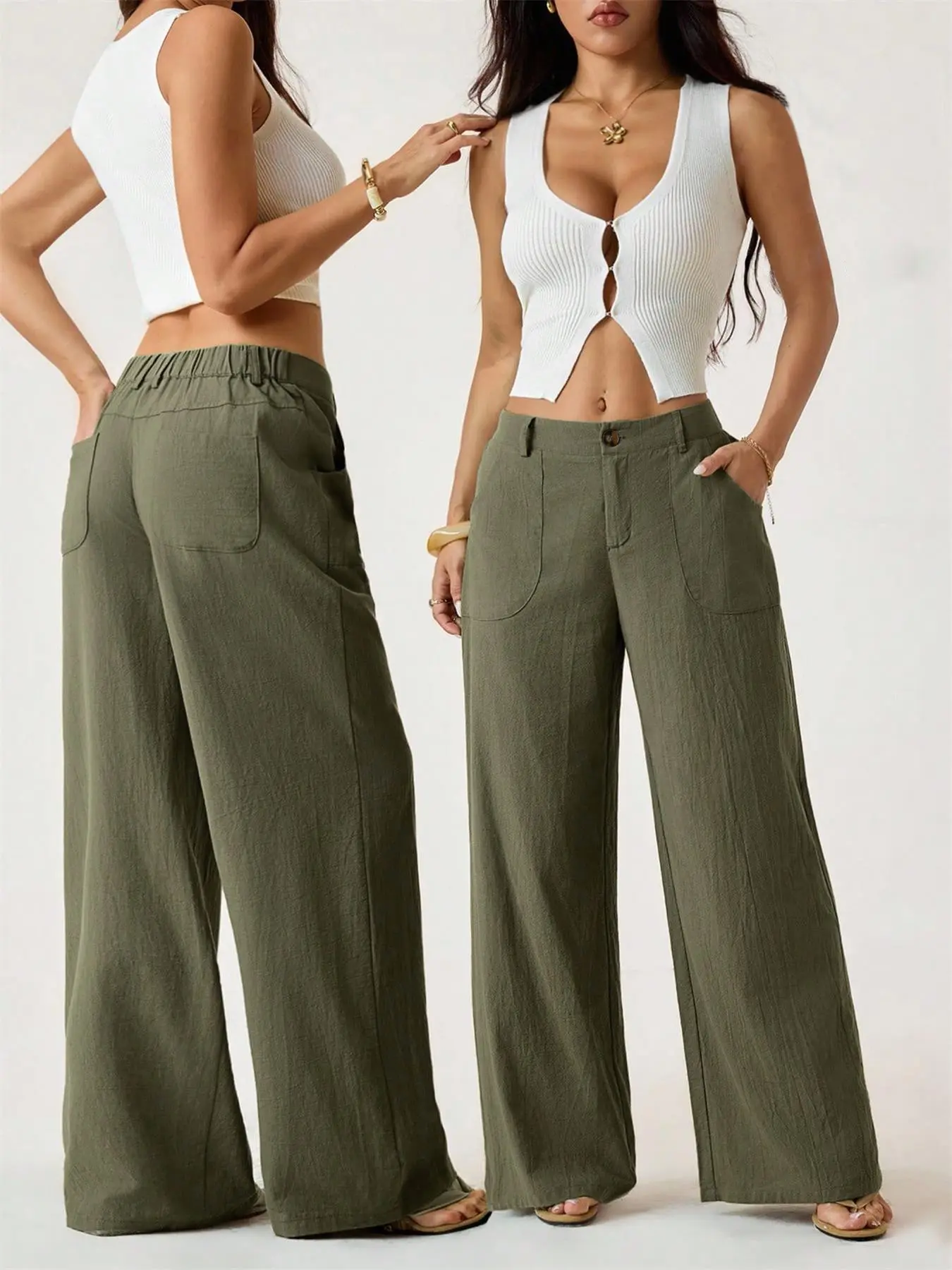 Women's Classical Linen Palazzo Pants Summer Flowy Wide Straight Leg Beach Trousers With Pocket Casual Solid Color Soft Elastic High Waist Lounge Pants Travel Vacation Bottoms Date Brunch Home Work Streetwear Outfit