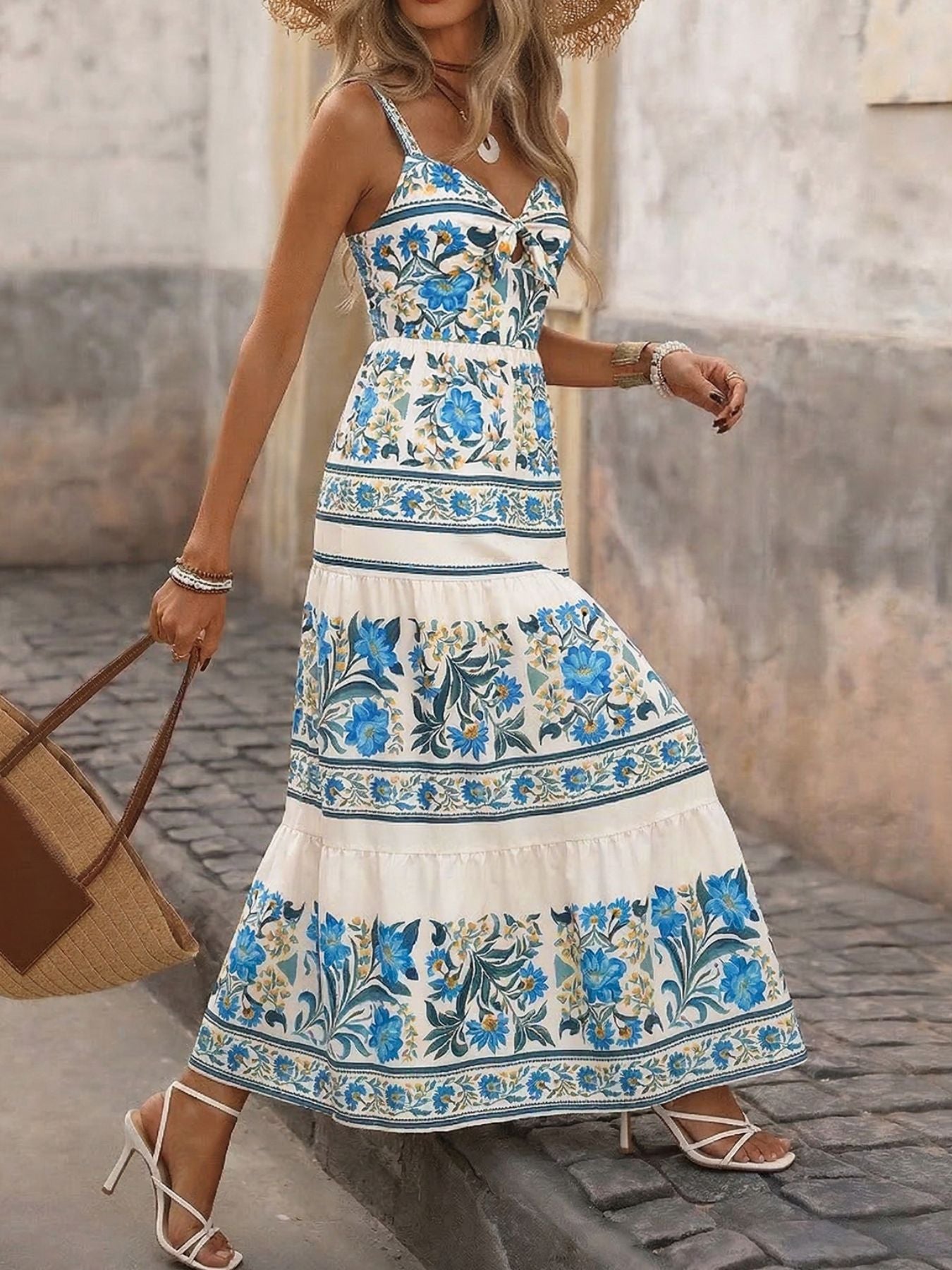 Floral Print Sweetheart Neck Maxi Dress