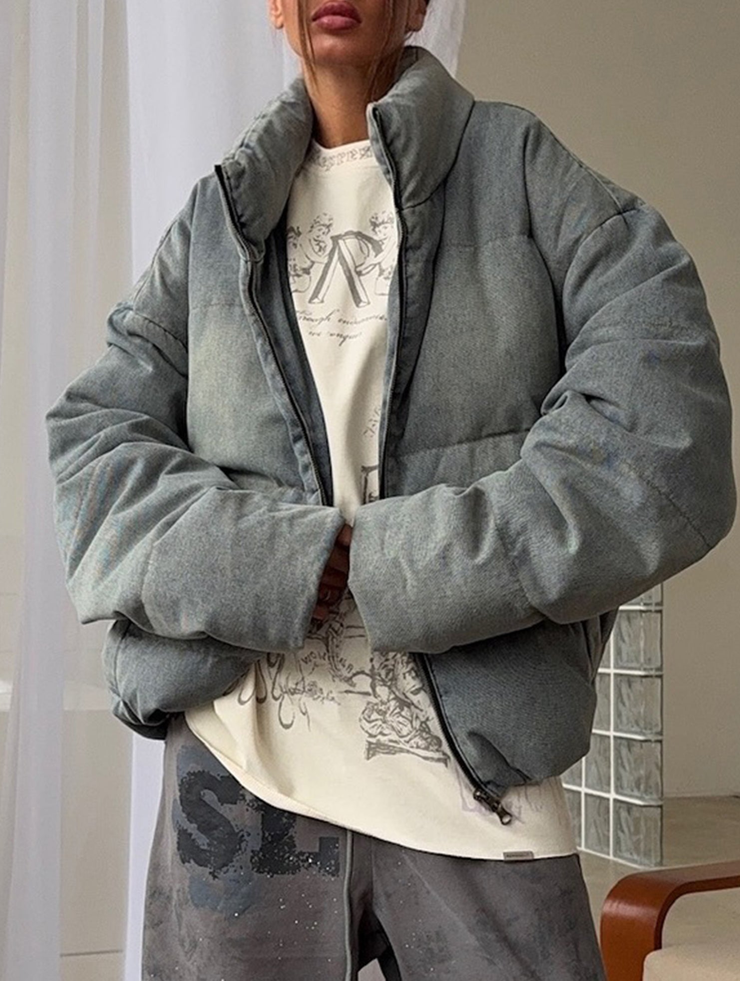 Retro-style warm stand-up collar thick cotton coat