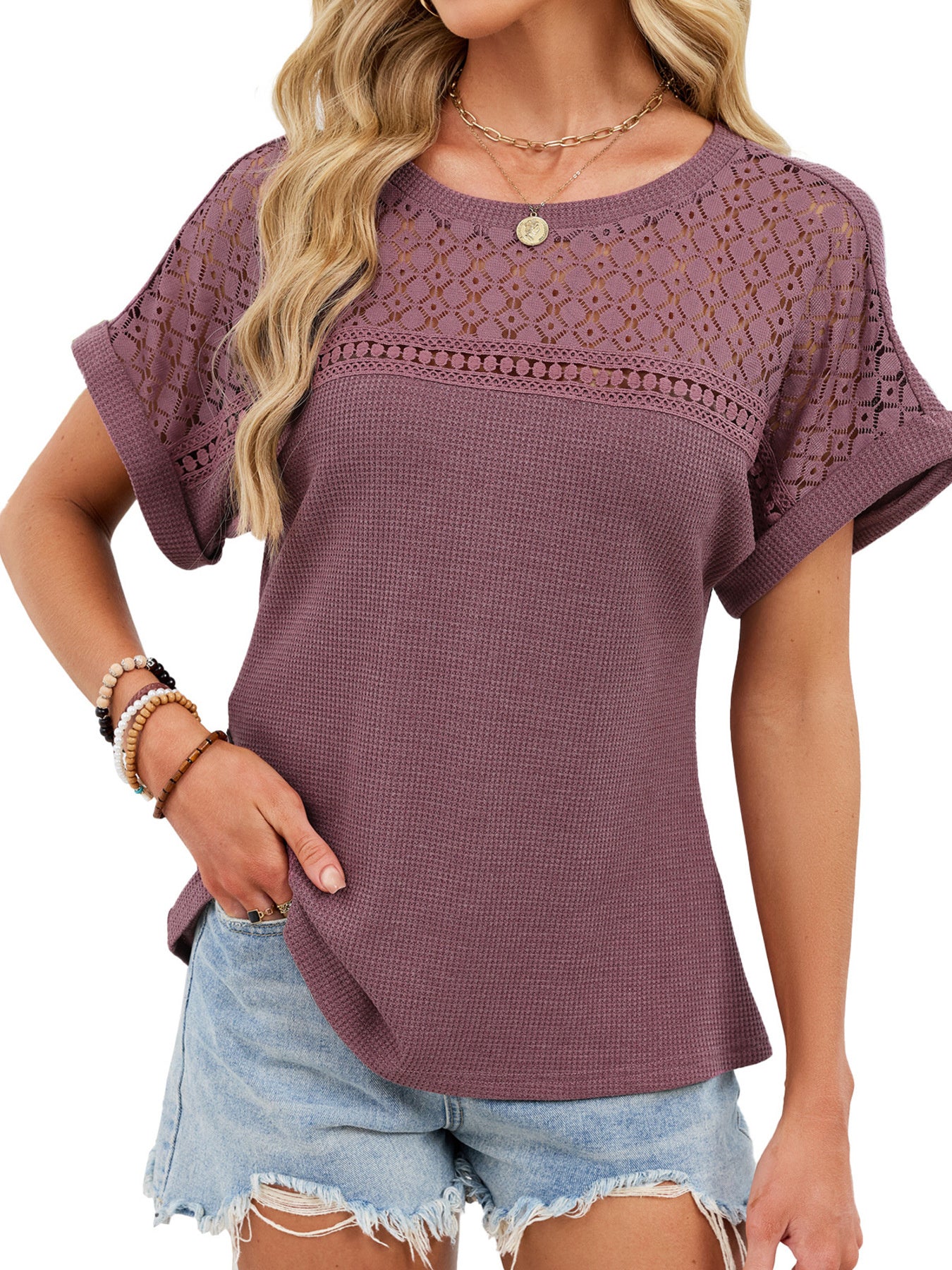 Lace-Trimmed Round Neck T-Shirt
