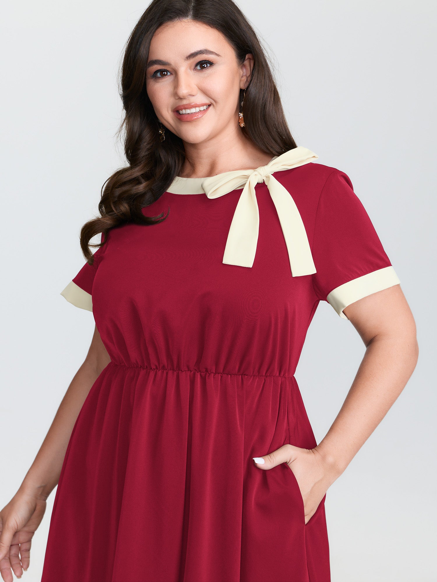 Bow Neckline Stretchy Waist Midi Dress