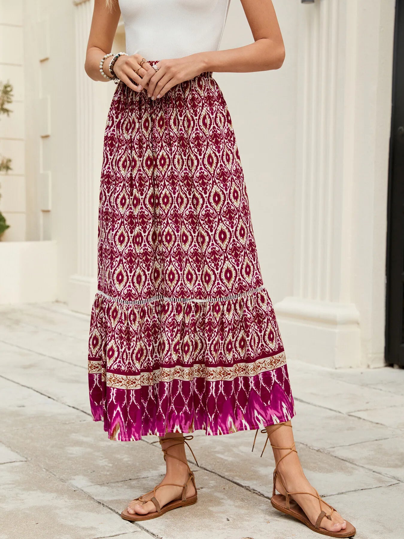 Bohemian Printed Ruched Maxi Skirt