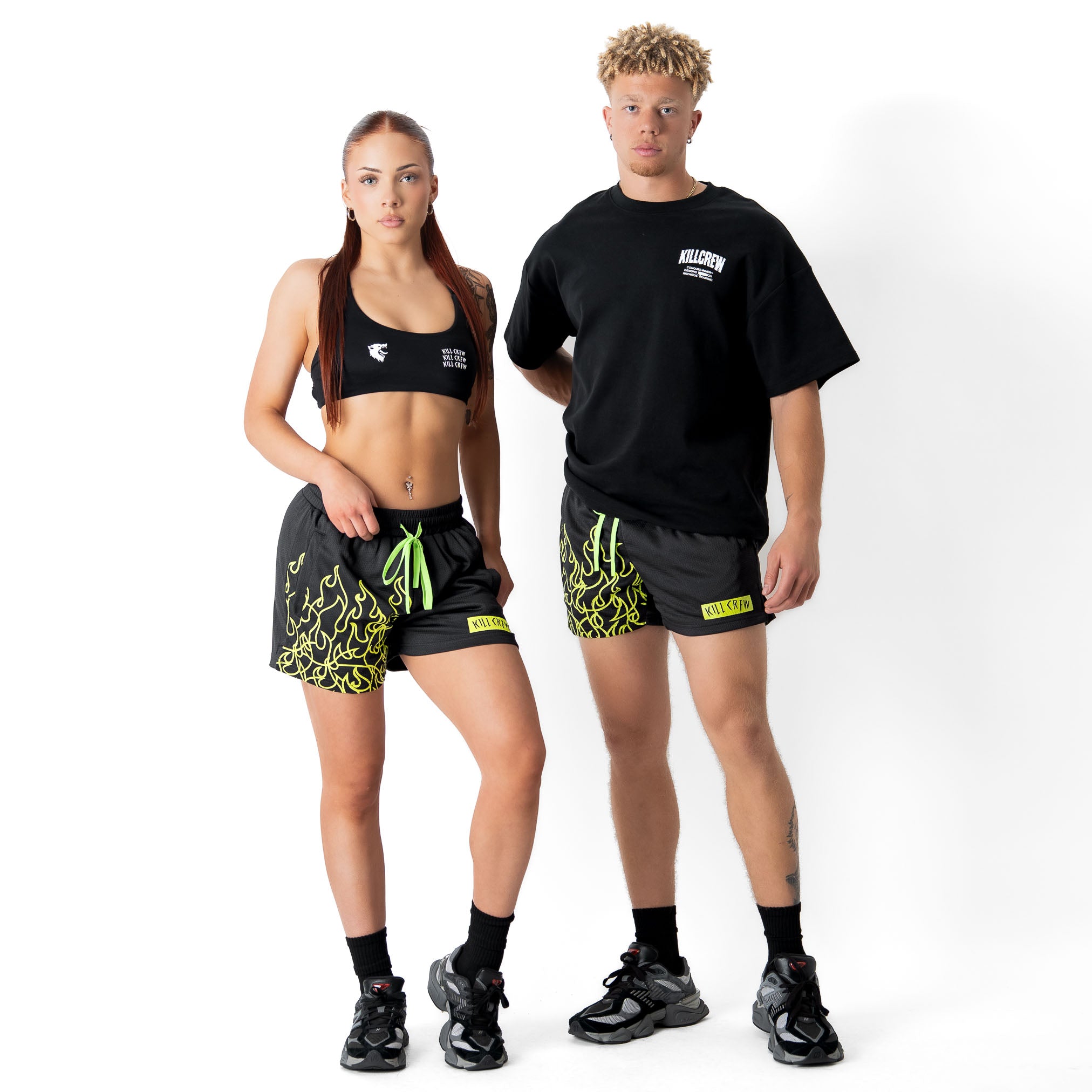 MUAY THAI FLAME SHORTS (MID THIGH CUT) - BLACK / NEON GREEN