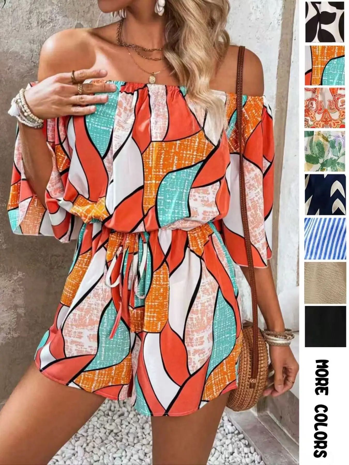 Women's Leaf Print Off Shoulder Tie Front Romper