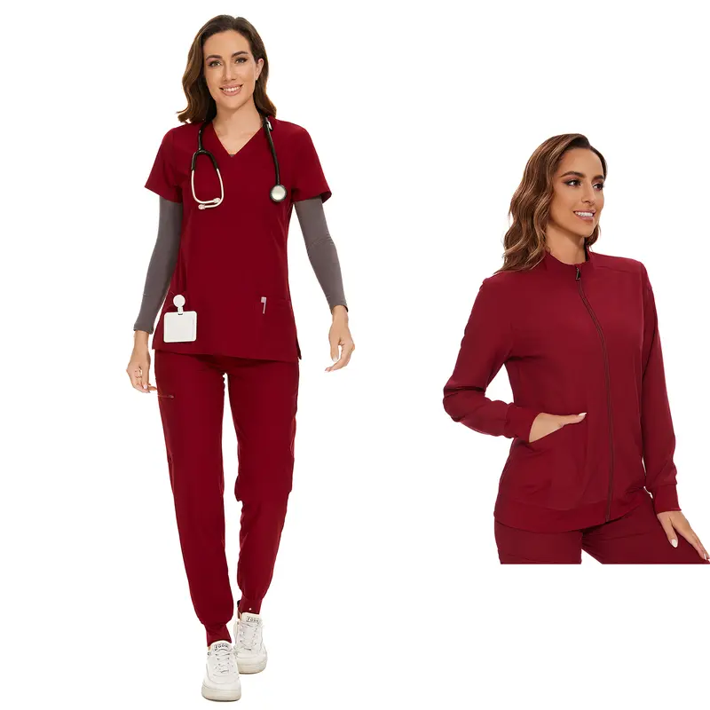 COZYFIT Scrubs for Women Set and Jackets - Stretch V-Neck Scrub Top & Jogger Pant, Zip Front Nurse Jacket SpringStatements