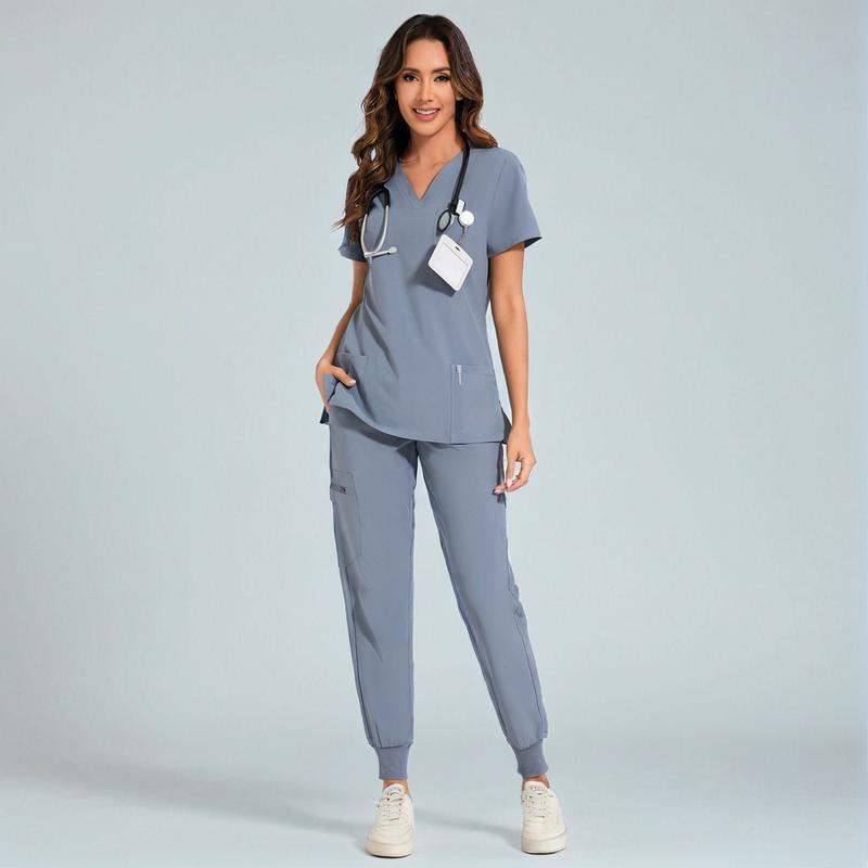 Women’s Stretch V-Neck Scrub Set (Top + Jogger Pants) – 8 Pocket Utility Uniform