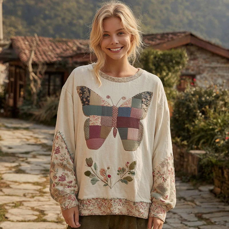 Women's Retro Bohemian Style Round Neck Comfortable Linen Top With Butterfly And Floral Pattern
