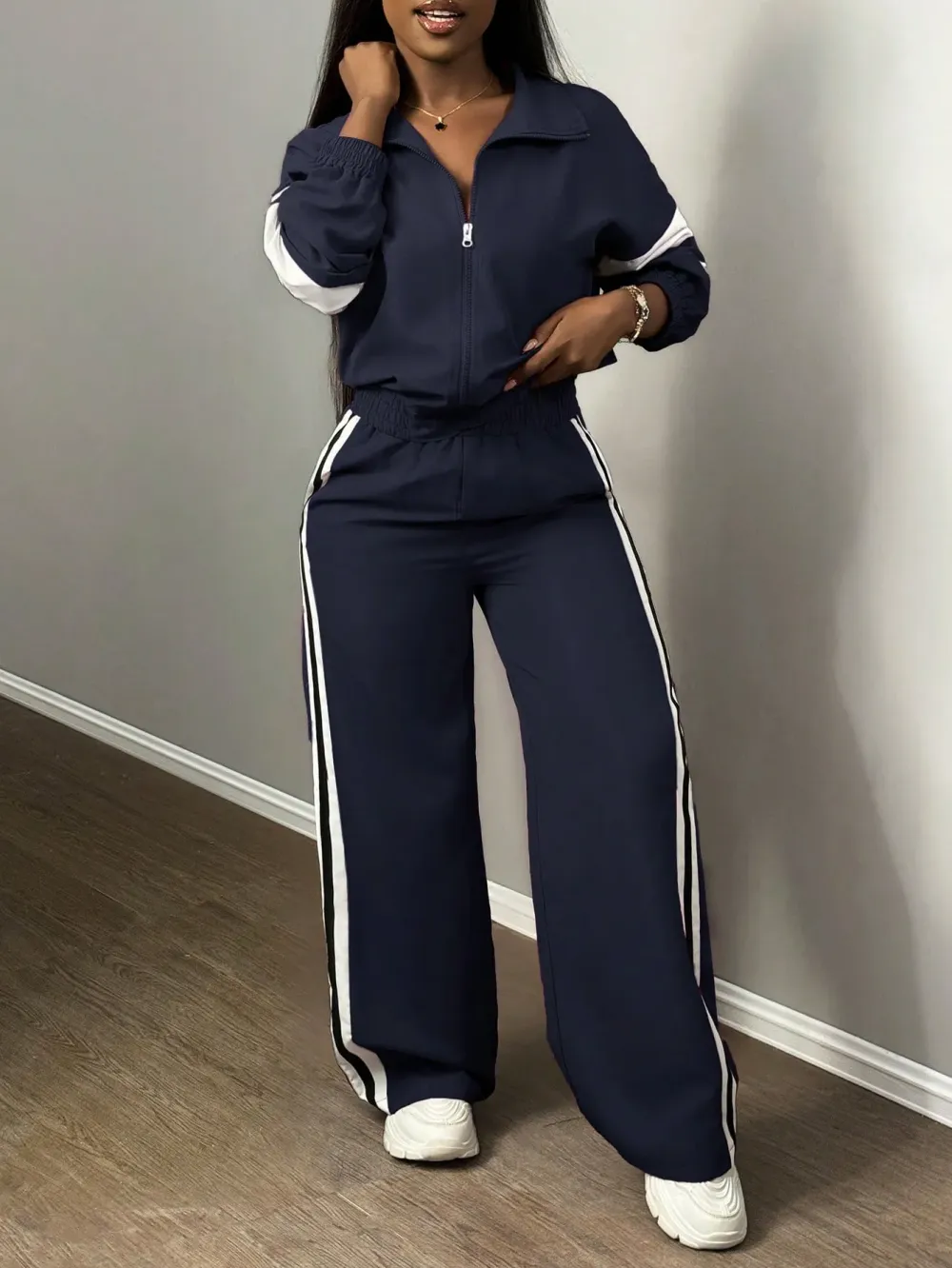 Women'S Zipper Jacket & Striped Wide-Leg Pants Set, Streetwear & Casual, Two-Piece Suit For Daily Wear