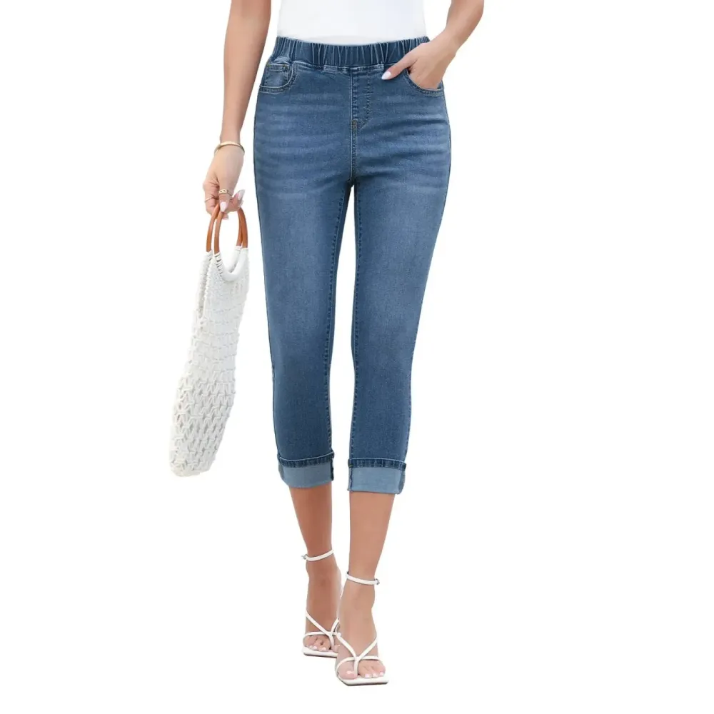 Women High Waisted Skinny Capri Pants Trendy Stretch Denim Cropped Jeans