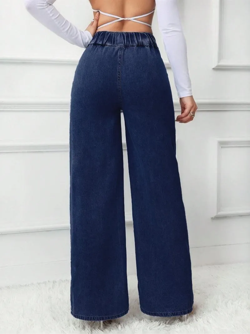Women's Vintage Elegant High Waist Wide Leg Jeans, Button Front Elastic Waist Loose Fit
