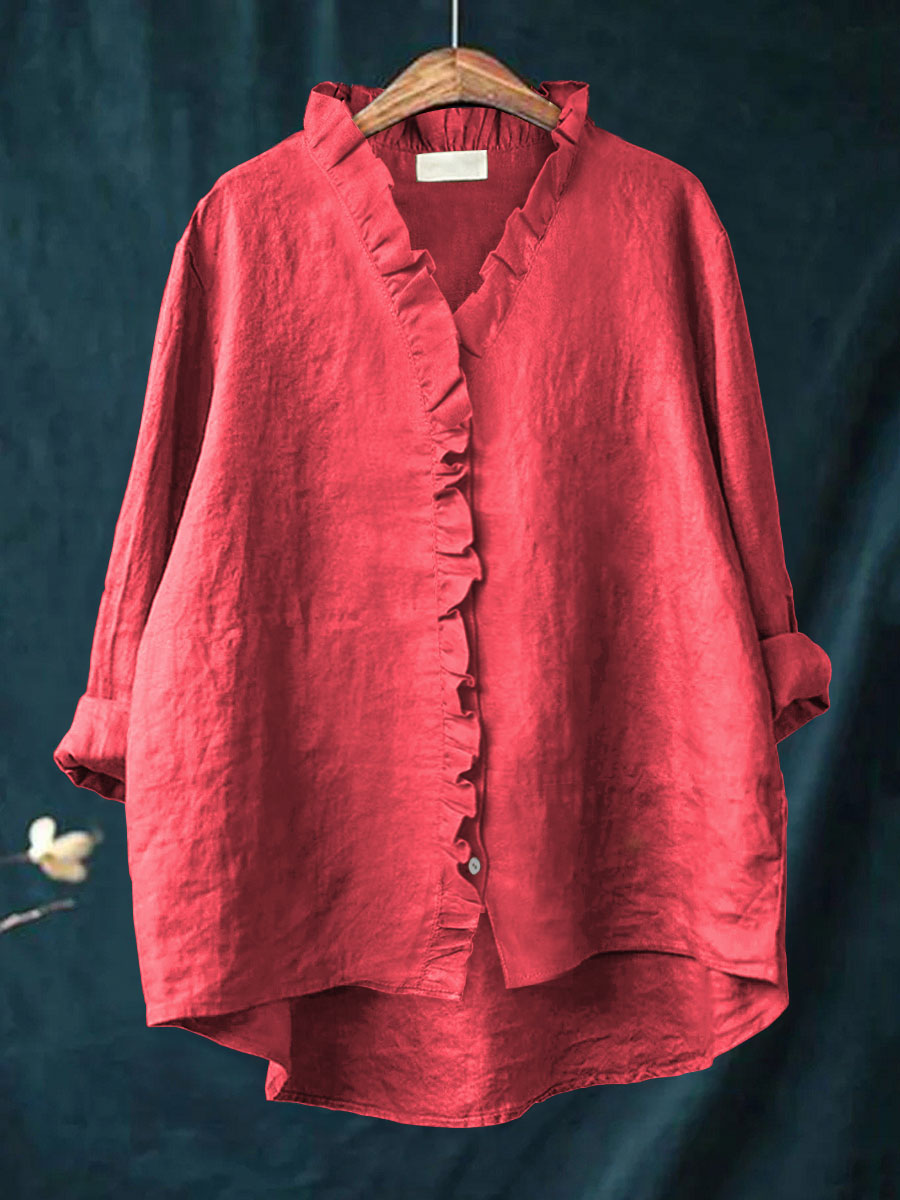Women's Casual Cotton And Linen Ruffle Shirt