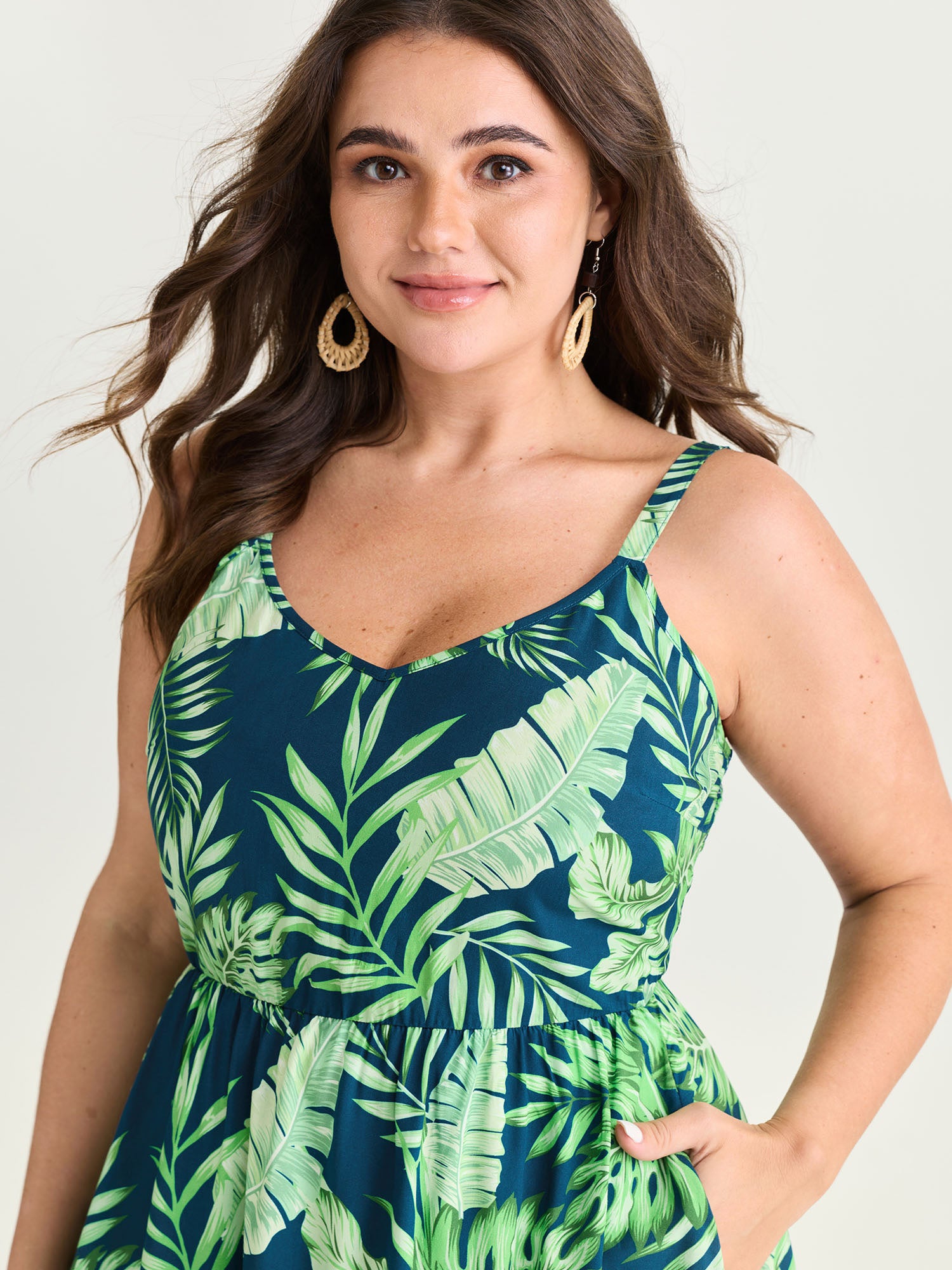 Tropical Plant Print V-Neck Midi Dress