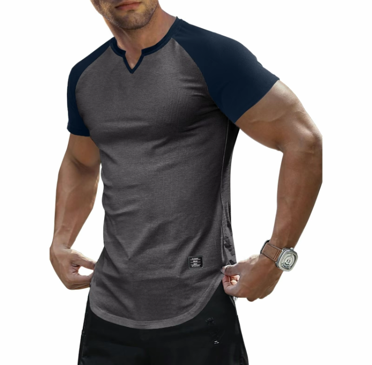 Men's Muscle Fit V-Neck Longline Henley Shirt – Slim Athletic Gym Workout T-Shirt