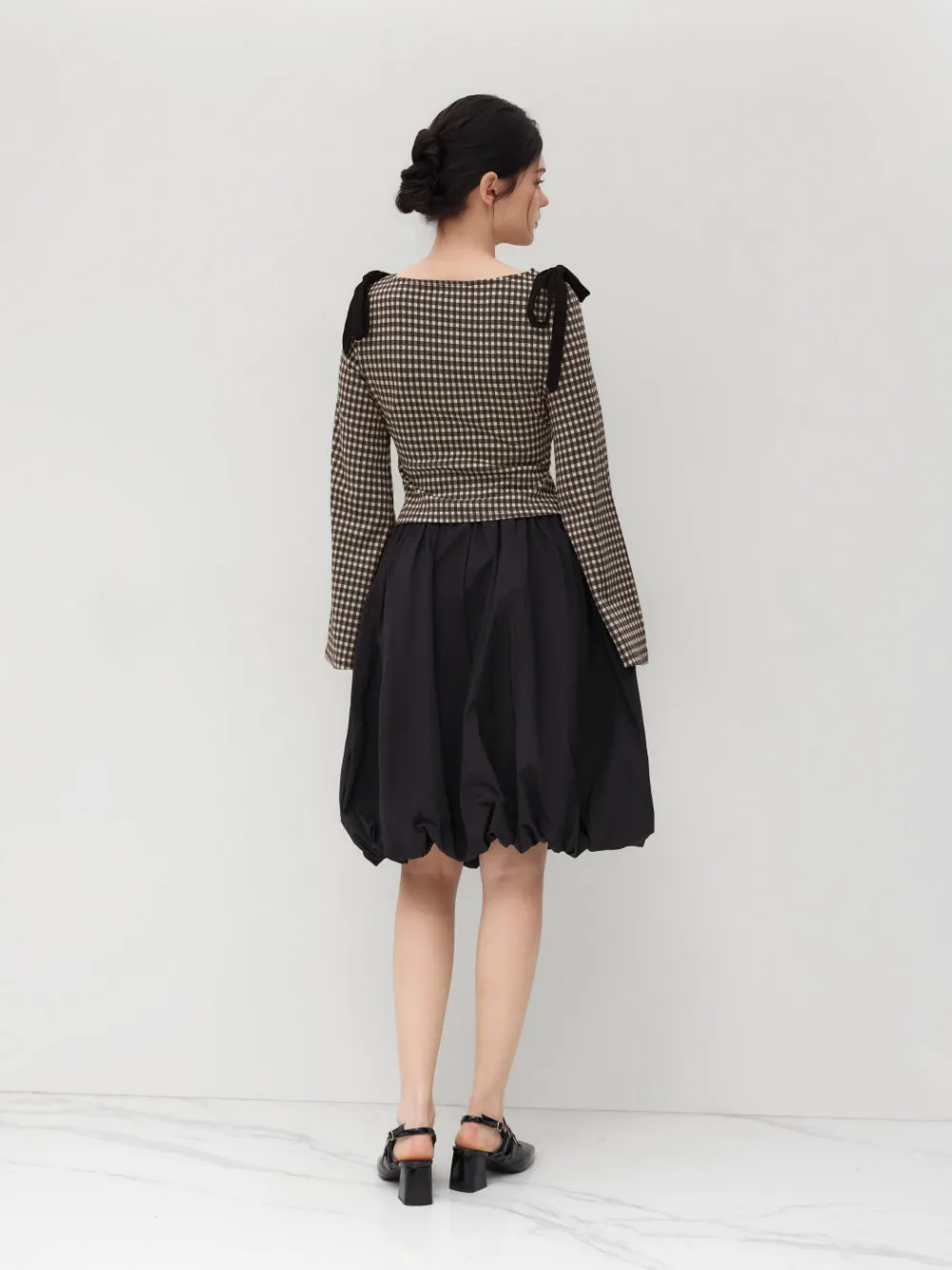 Boat Neck Gingham Bowknot Ruched Long Sleeve Top