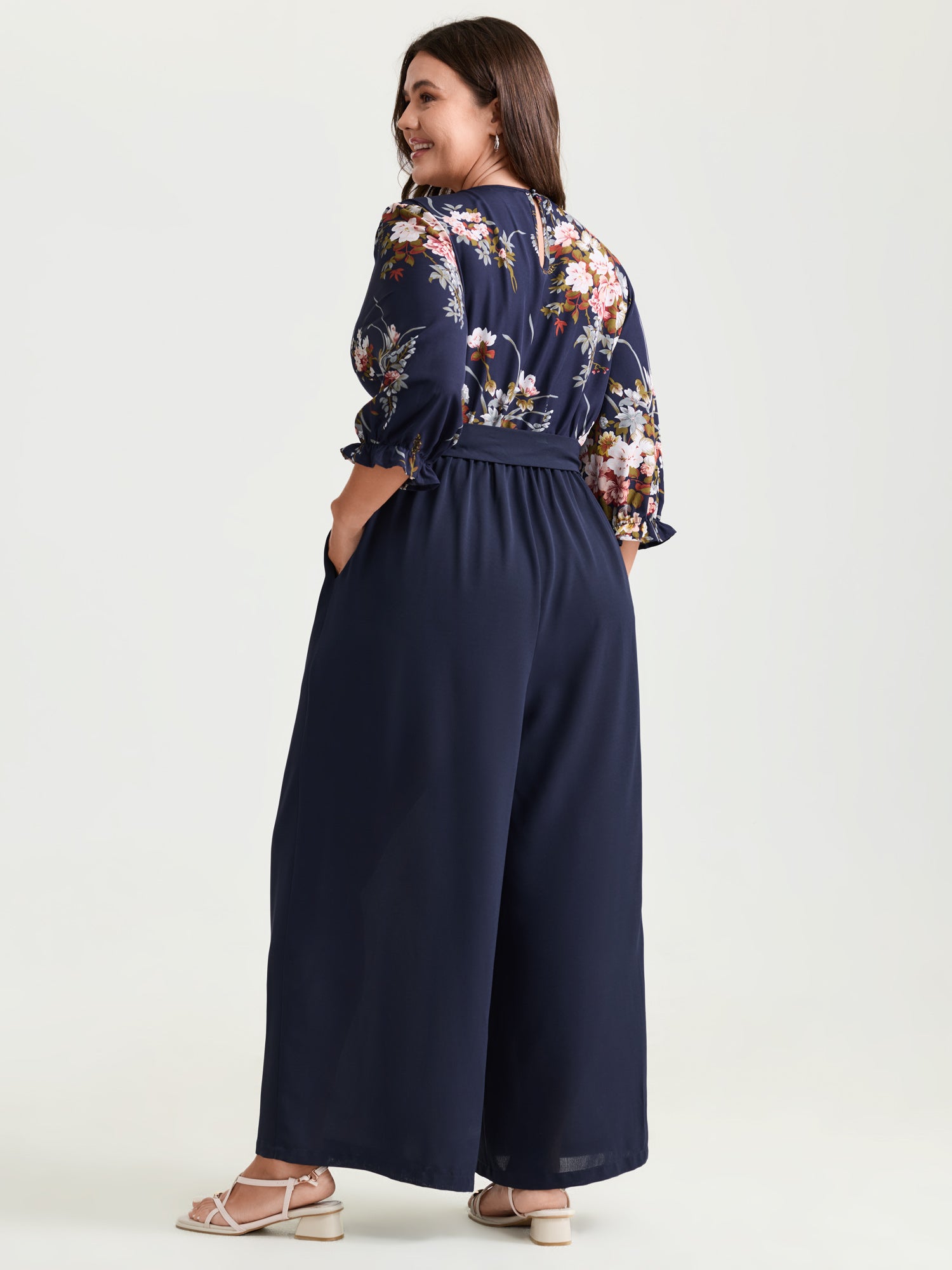 Floral Contrast Belted Wide-Leg Jumpsuit