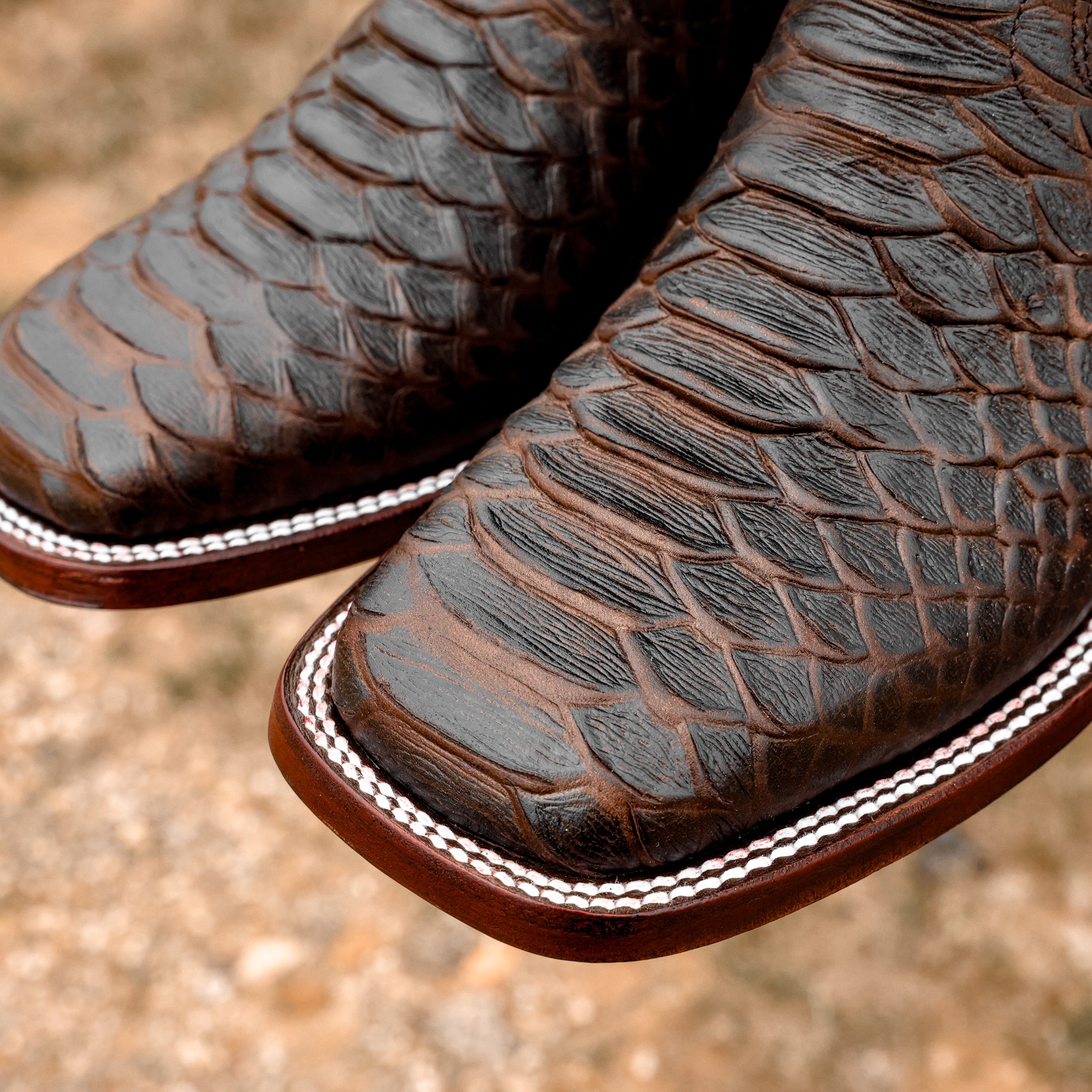 Matte Brown Python Leather Boots - Square Toe