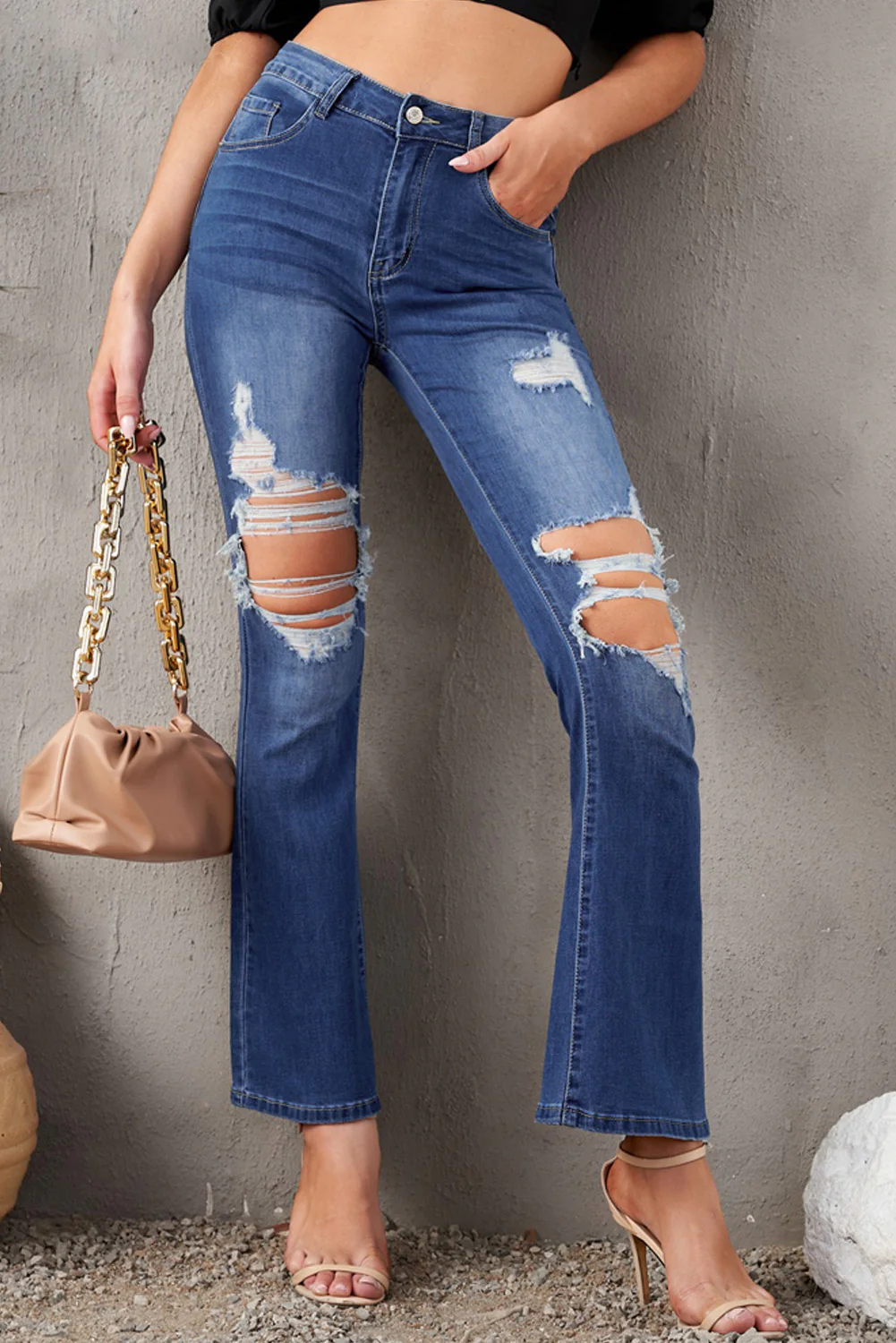 Mid Waist Distressed Flared Jeans