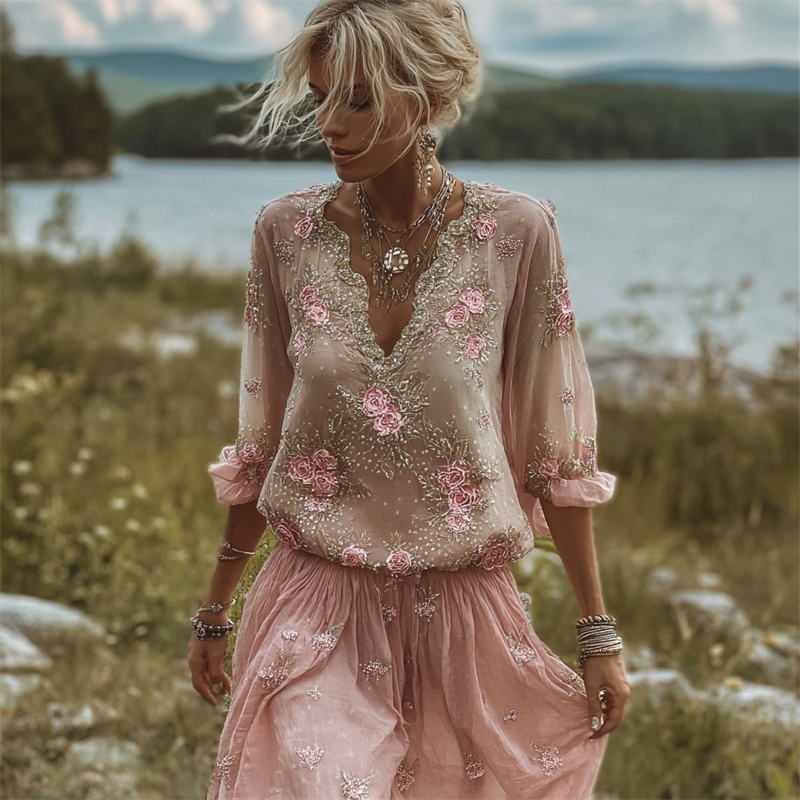 Boho Pink Roses Embroidered Lace Trim Flowy Linen Tunic