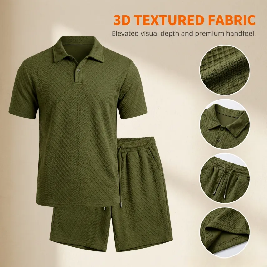 🔥 8-Set Men's Textured Polo & Shorts Sets – Casual Summer Two-Piece Outfits