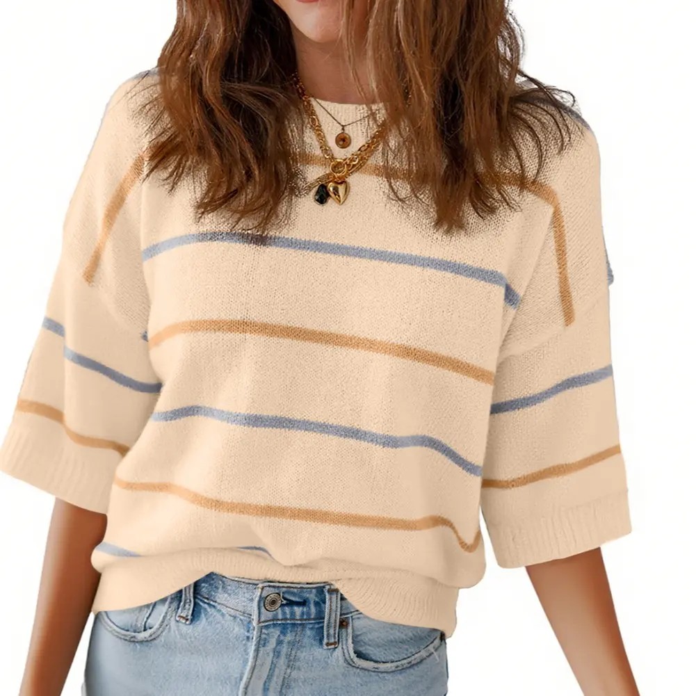 2026 Spring/Summer Women's Short Sleeve Striped Sweatshirt - Soft Breathable Fabric Crew Neck Pullover Top for Daily Wear