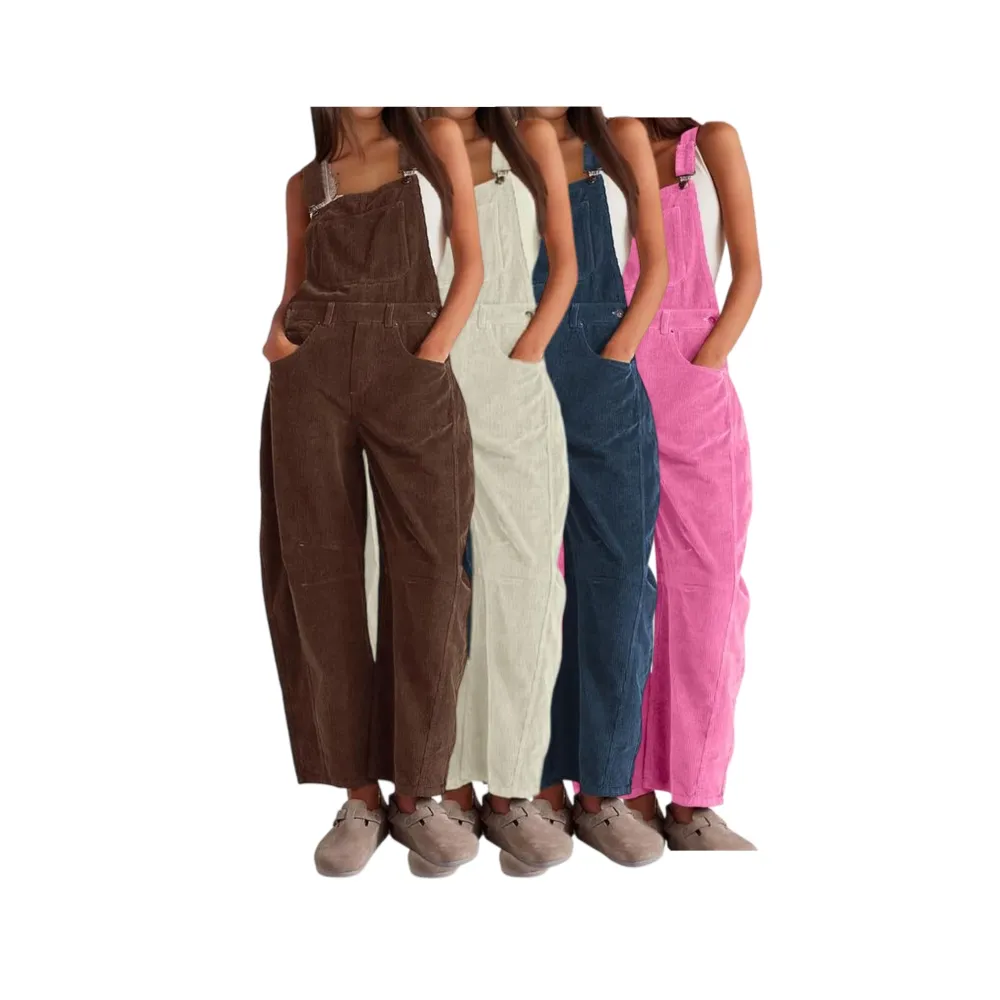 Women's Corduroy Overalls Barrel Wide Leg Bib Pants