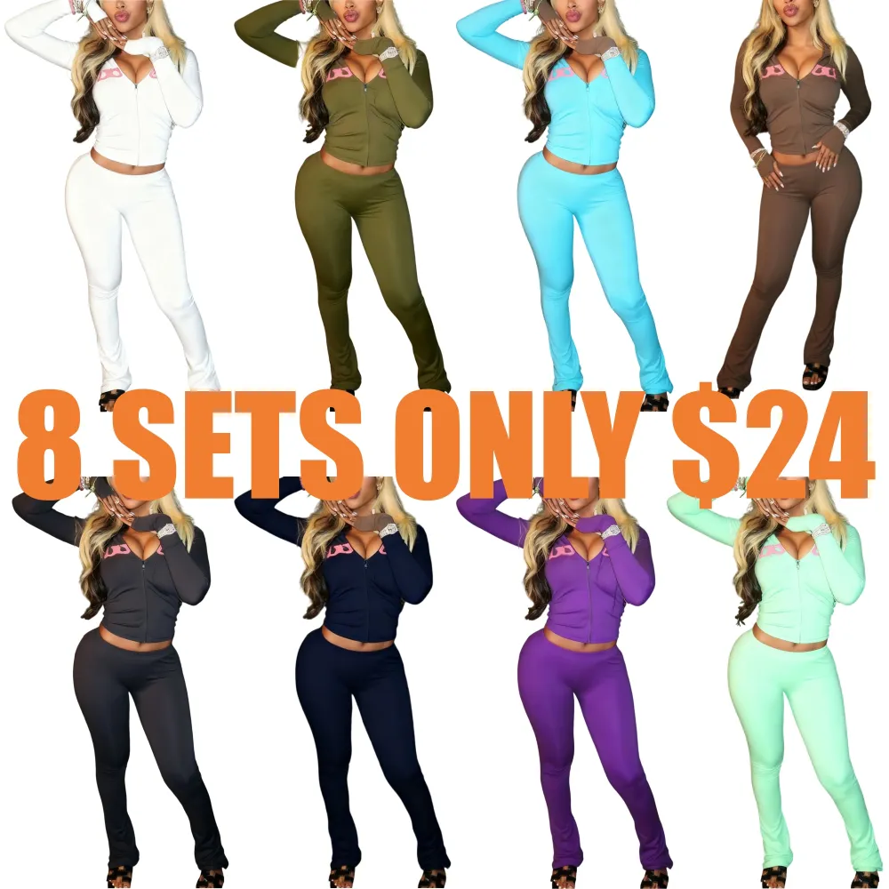 Women's Fall Winter Hooded Letter Print Zipper Jacket and Pants Set