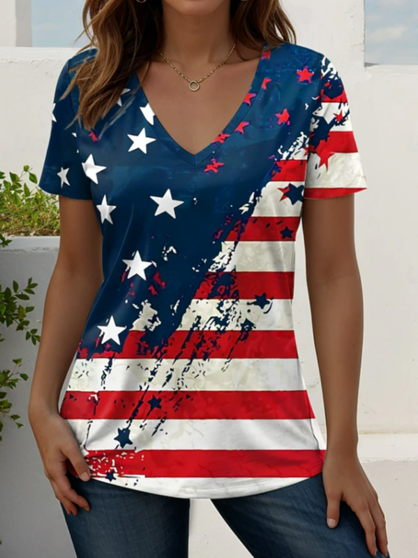 Women's Short Sleeve T-shirt Summer As Picture Star Printing V Neck Holiday Going Out Vintage Top