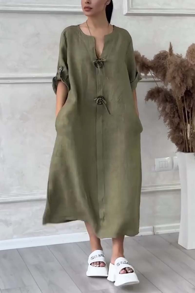 Button embellished cotton and linen dress