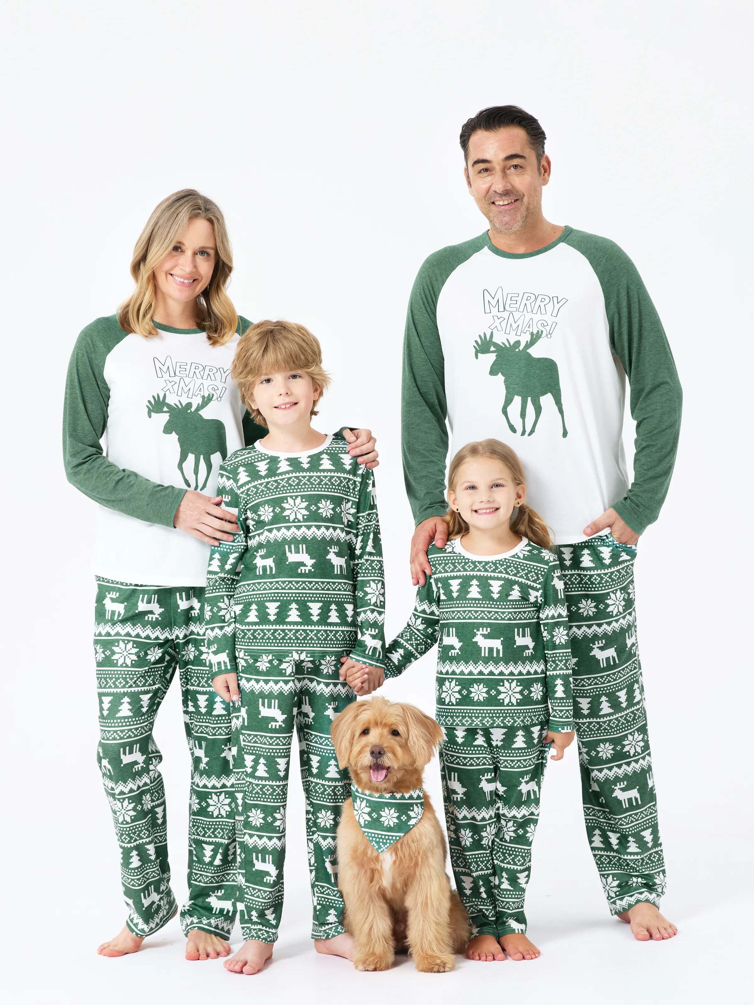 Christmas Matching Family Pajamas Set Reindeer and Snowflake Green Print PJS with Christmas Socks Dark Green