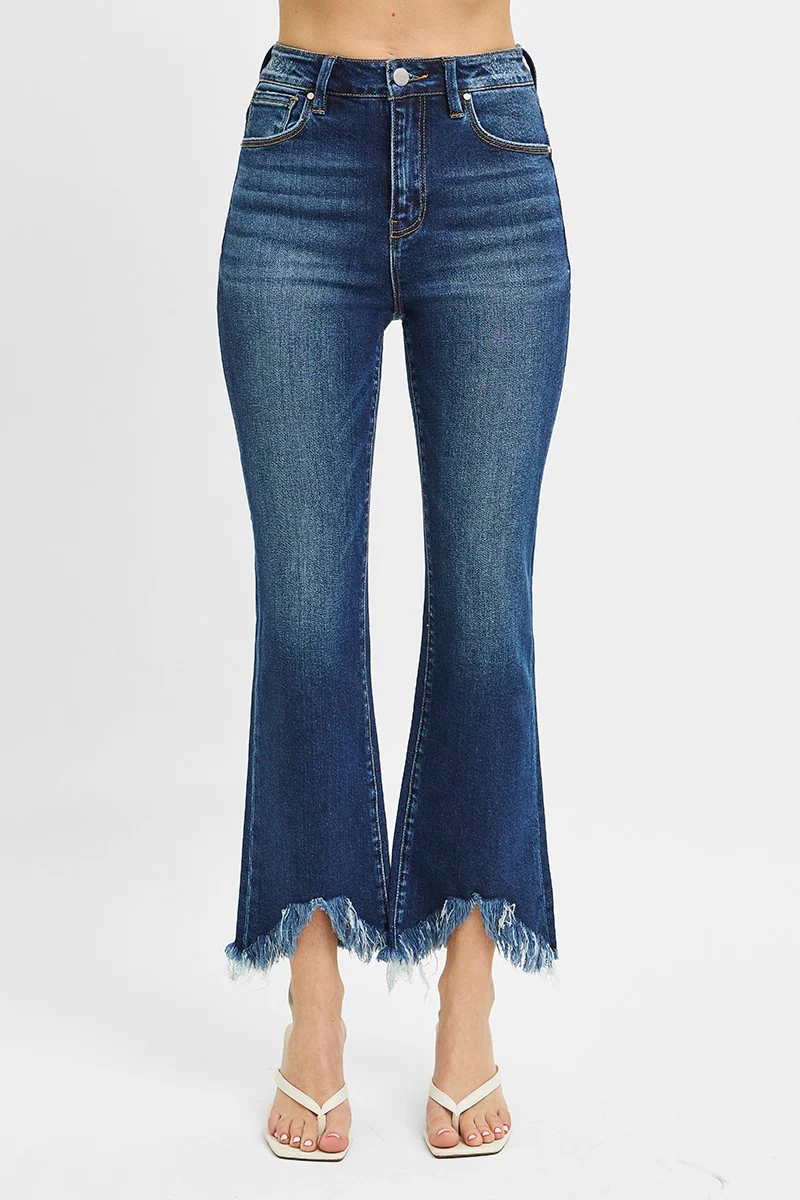 Full Size High Rise Crop Bootcut Fray Hem Jeans