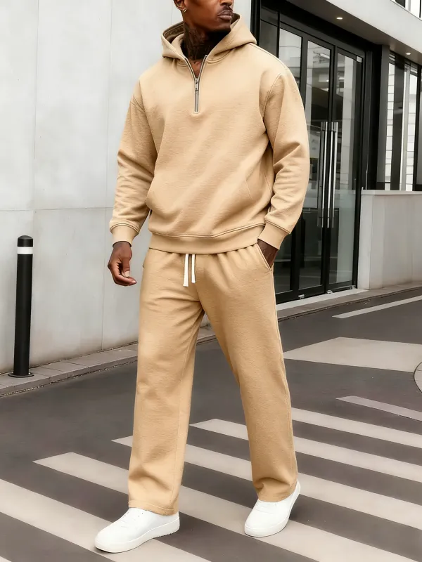 Men's Plain Two-piece Sweatsuit Set, Basic Regular Fit Casual Drop Shoulder Half Zip Hoodie & Pocket Drawstring Sweatpants