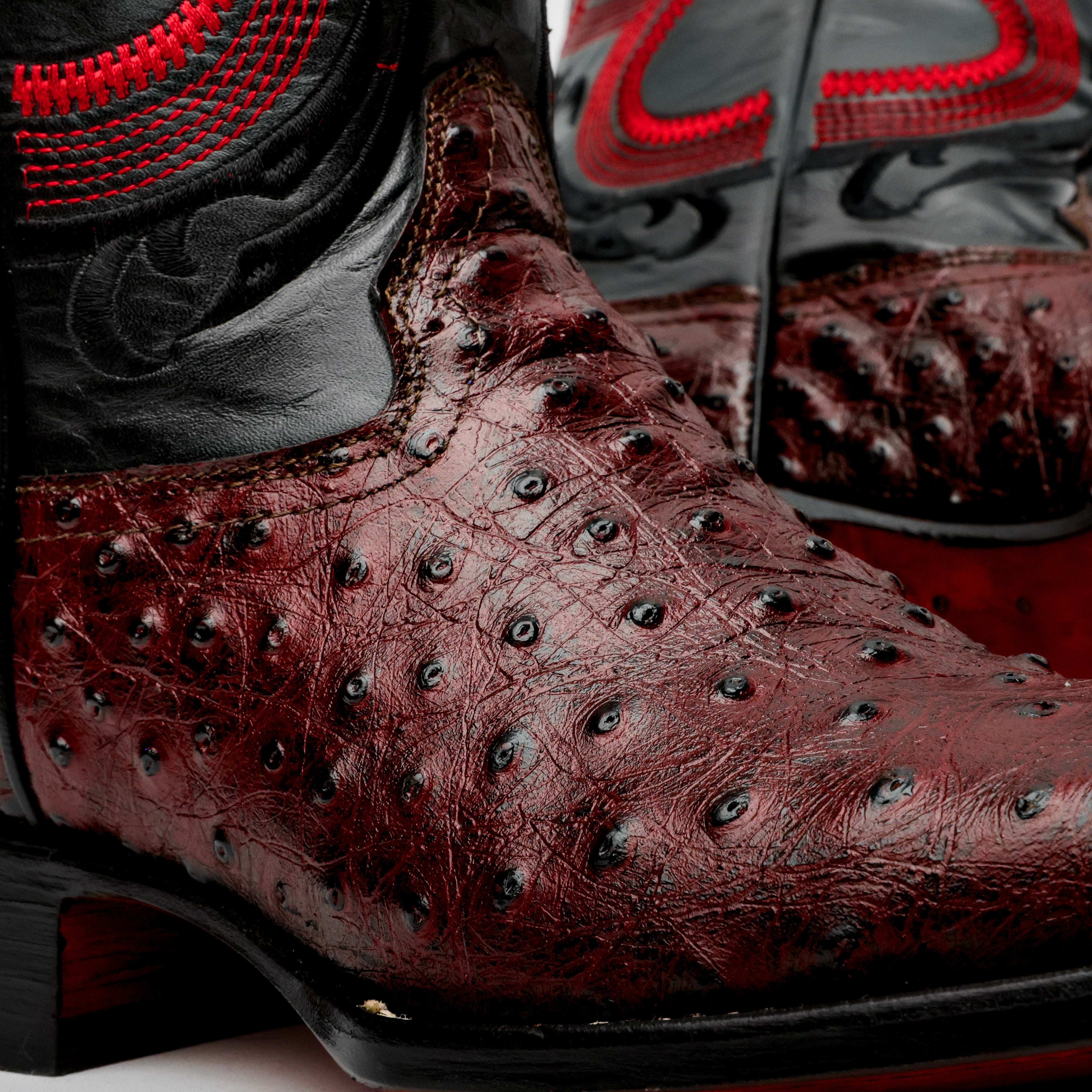 Black Cherry Ostrich Leather Boots - Square Toe