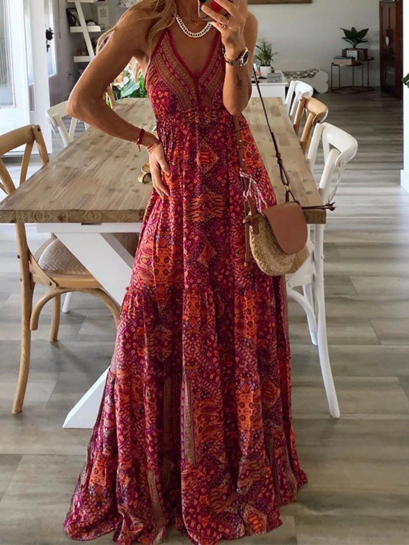 Printed V-Neck Maxi Dress
