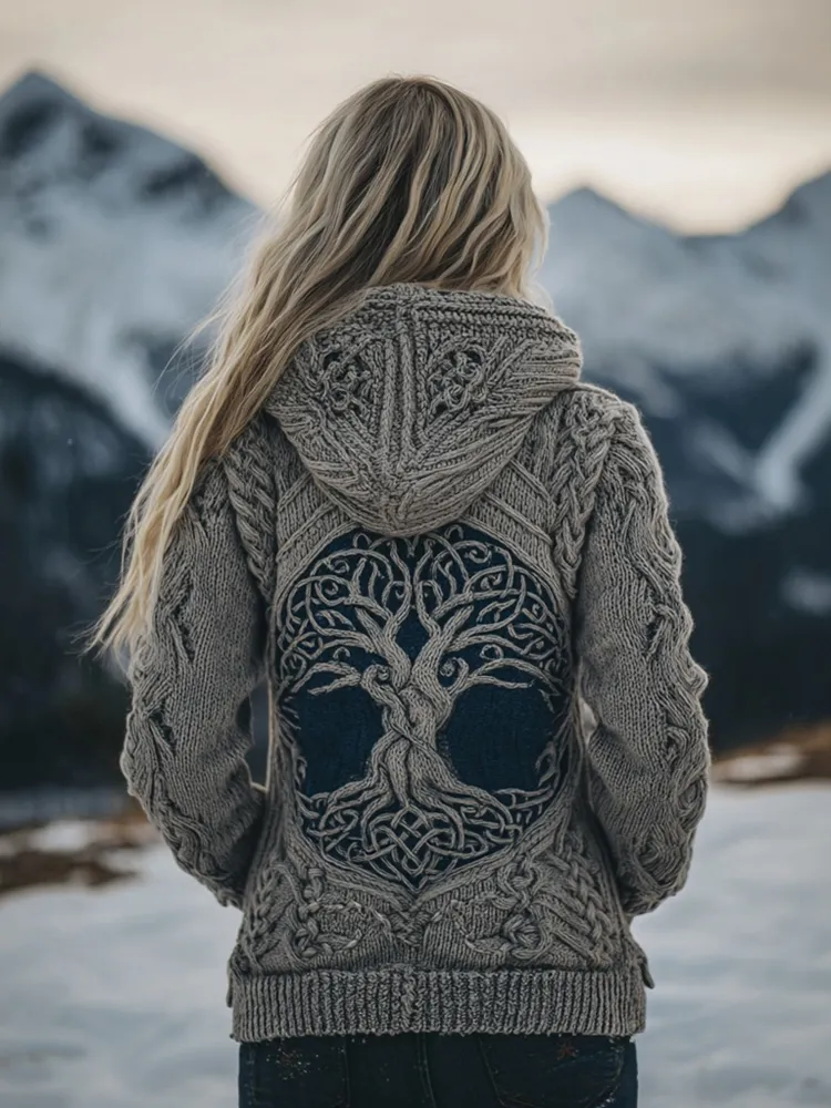 Viking Tree Of Life Pattern Celtic Knit Cozy Hooded Sweater
