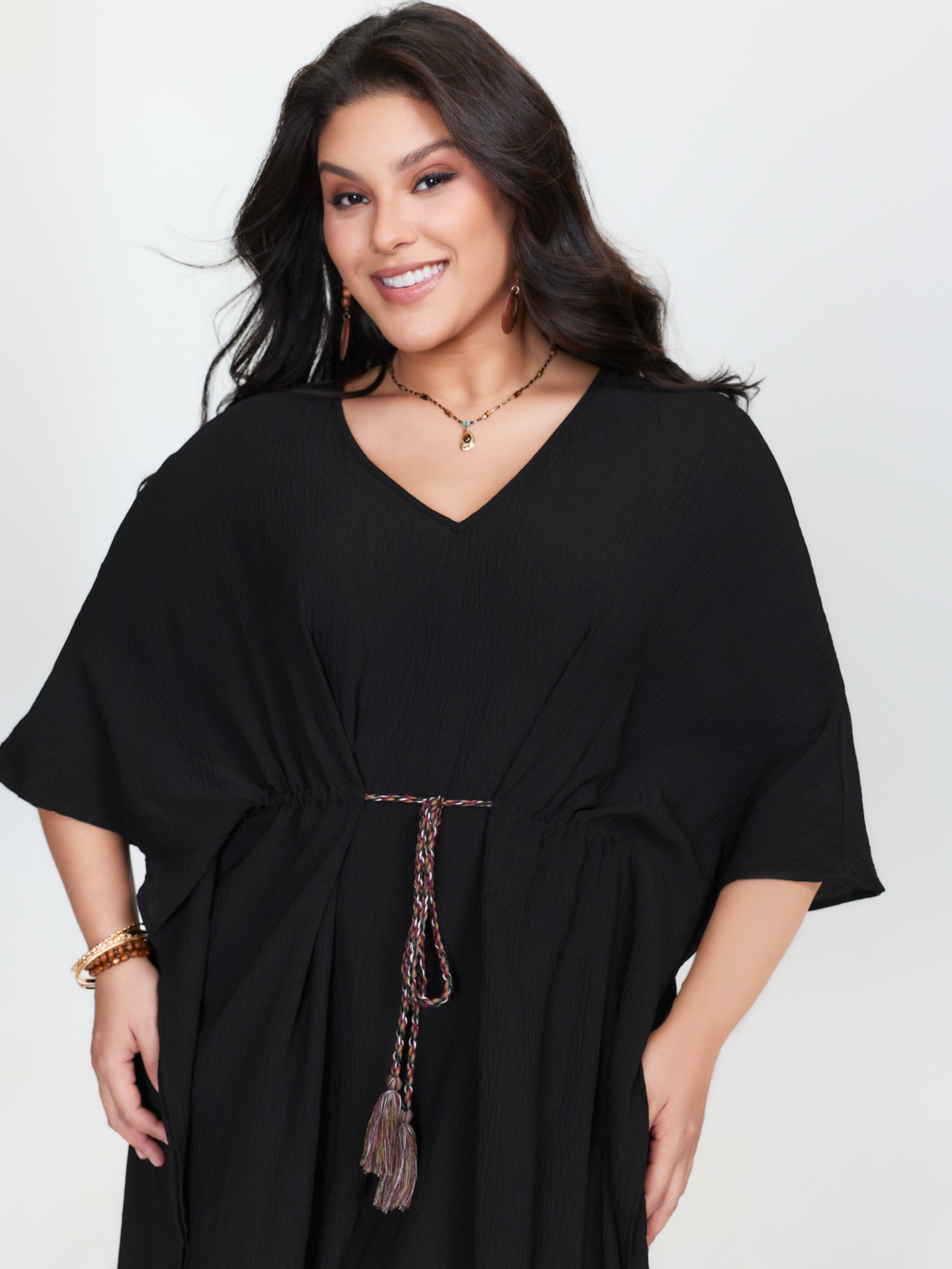 Dolman Sleeve Colorful Drawstring Waist Mini Dress