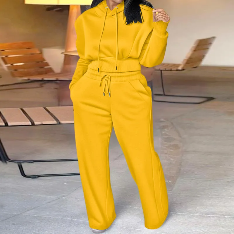 Hooded Long Sleeve Sweatshirt and Casual Wide Leg Sweatpants Set