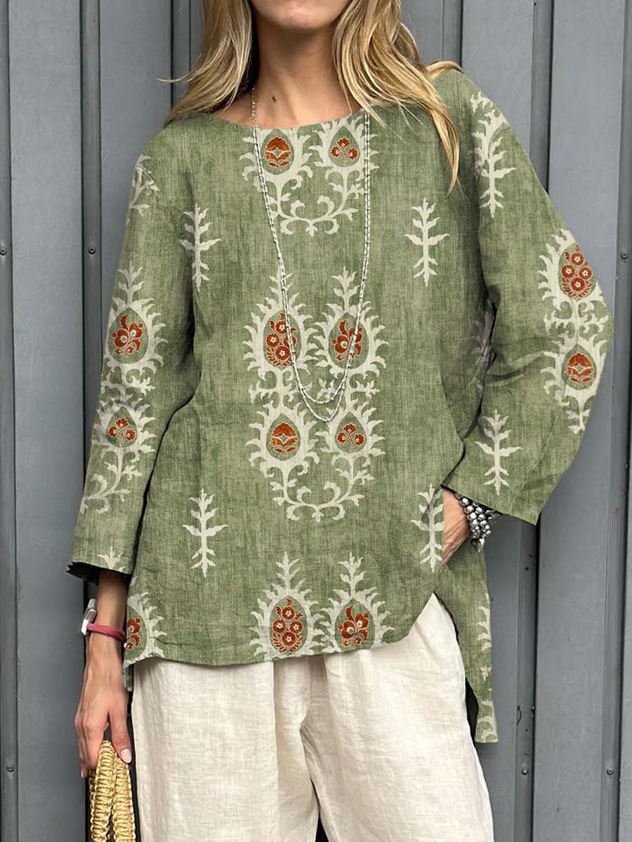 Women's Vintage Ethnic Pattern Art Print Casual Cotton Linen Shirt