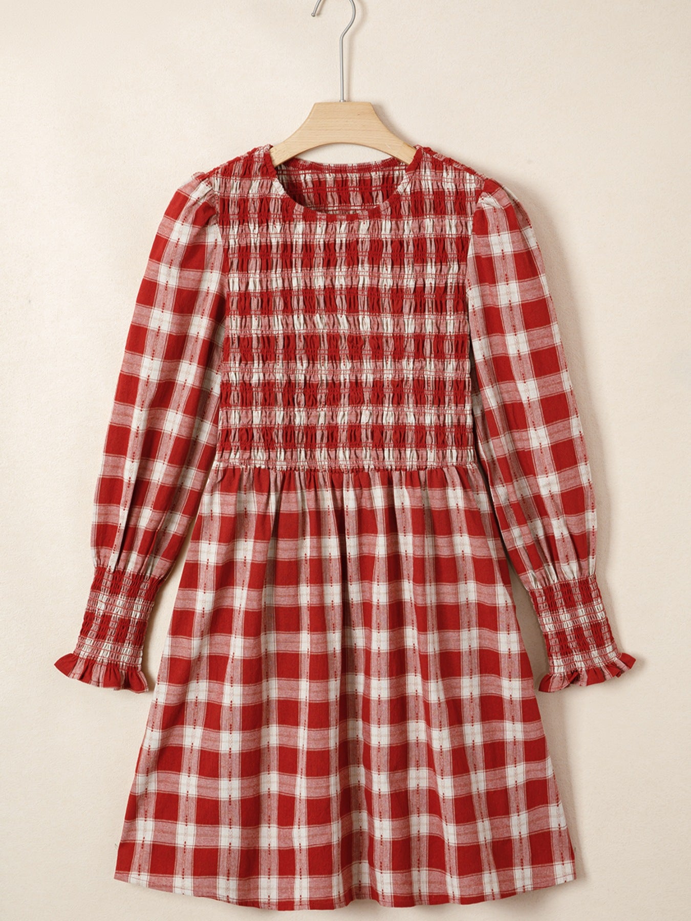 Plaid Print Smocked Puff Sleeve Mini Dress