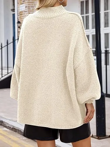 ✨Womens Oversized Mock Neck Batwing Long Sleeve Ribbed Knit Casual Tunic Sweater🔥