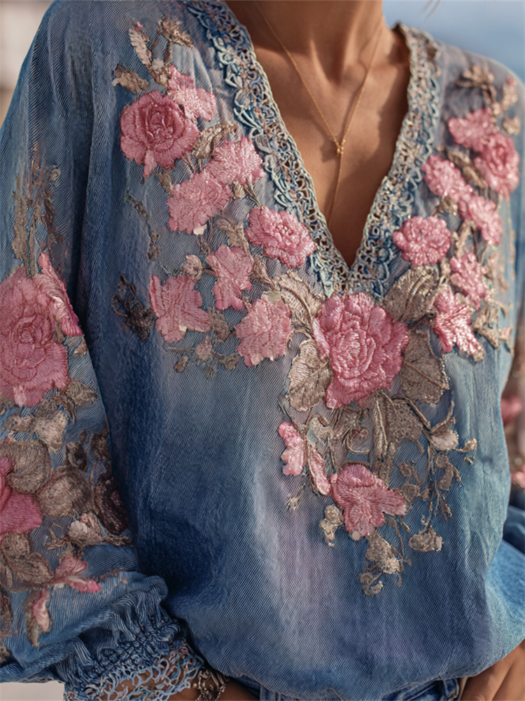 Boho Pink Roses Embroidered Denim Blue Tunic